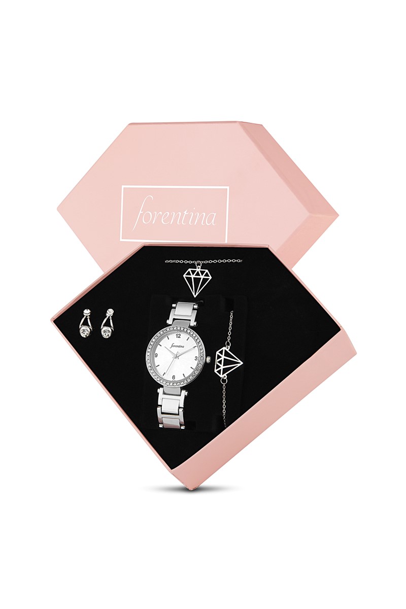 Forentina  Elmas Modeli Kolye Küpe Bileklik Saat - Hediye Set PS1896