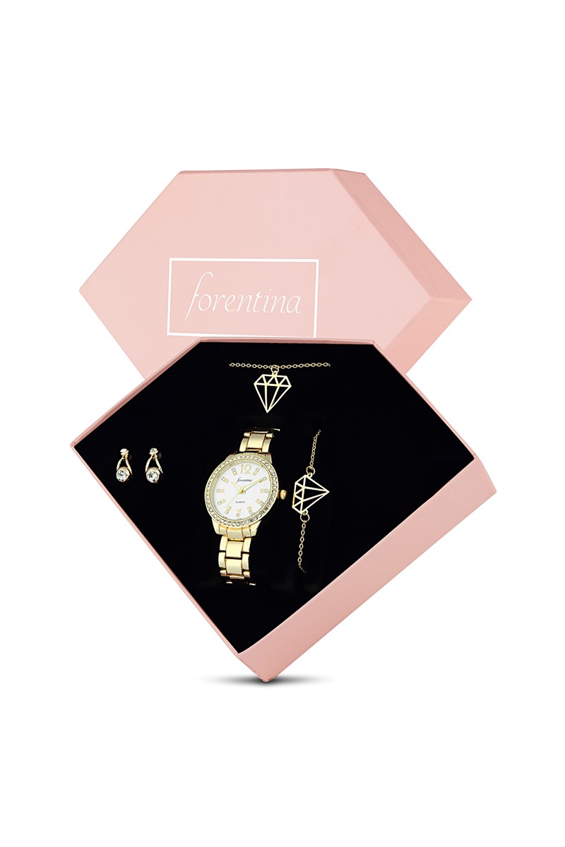Forentina Altın Kaplama Tektaş Kolye Küpe Yüzük Bileklik Saat - Hediye Set PS1897