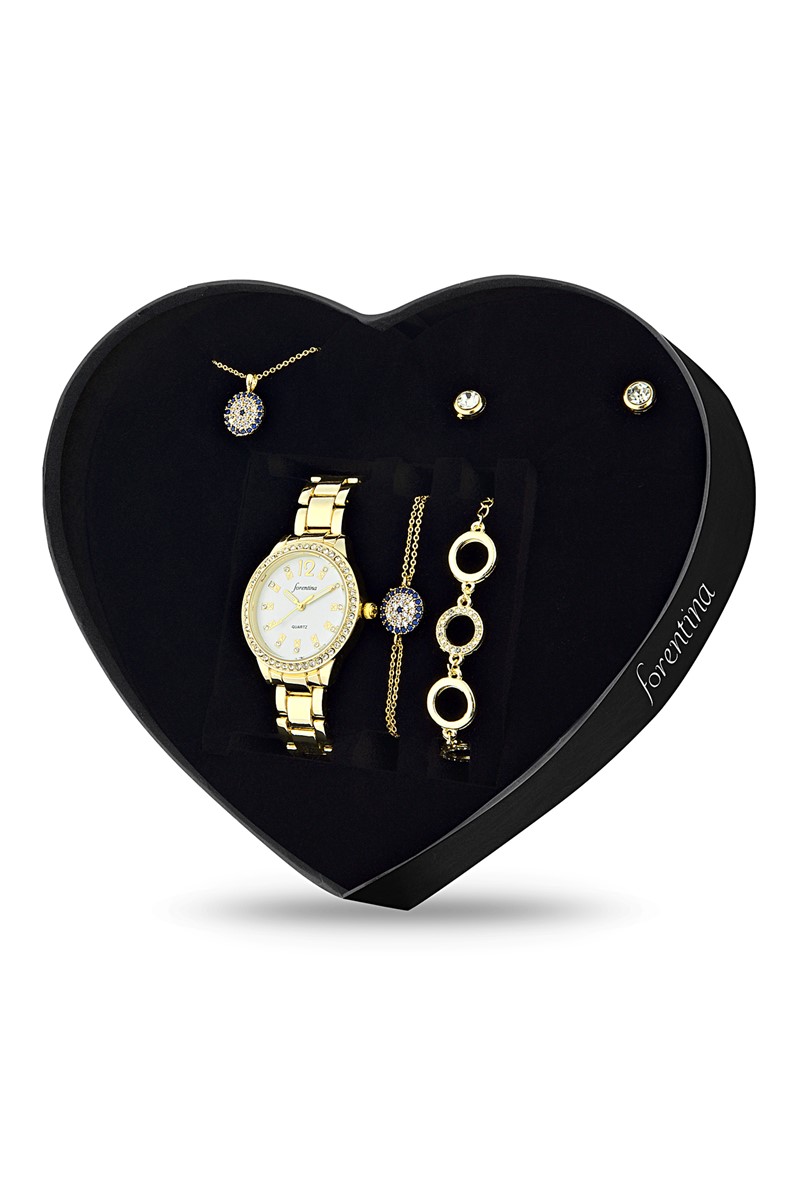Forentina Altın Kaplama Nazar Boncuklu Kolye Bileklik Küpe Saat - Hediye Seti PS1899