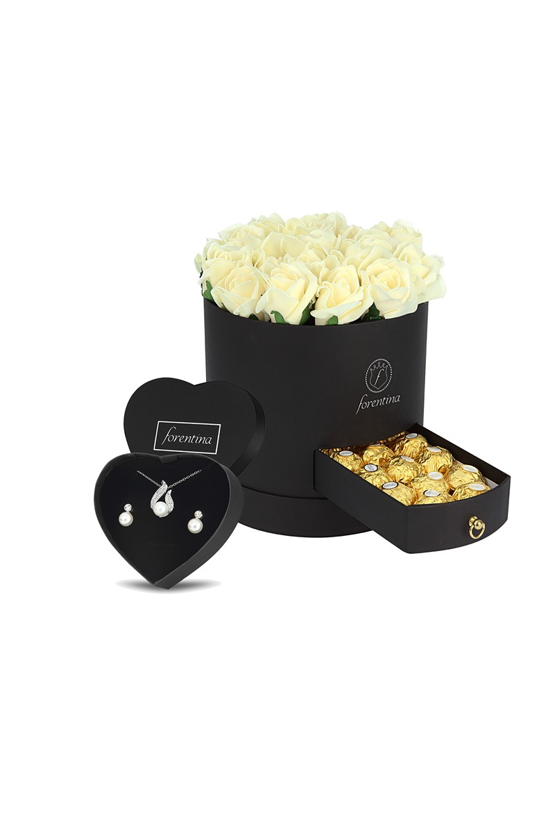 Forentina İnci Modeli Kolye Küpe Set Güllü Kutu Çikolata Hediye Set PS1905