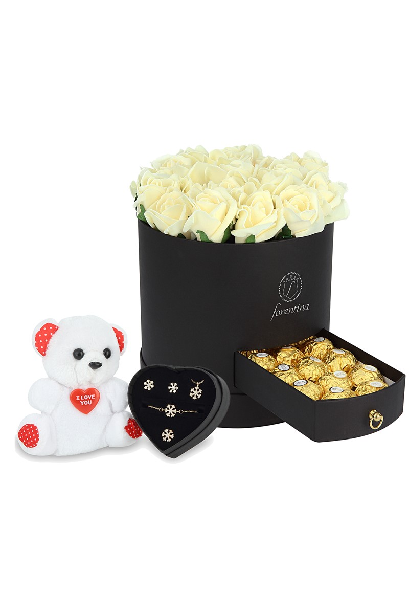 Forentina Kar Tanesi Kolye Küpe Bileklik Ayıcık- Güllü Kutu Çikolata Hediye Set PS1906