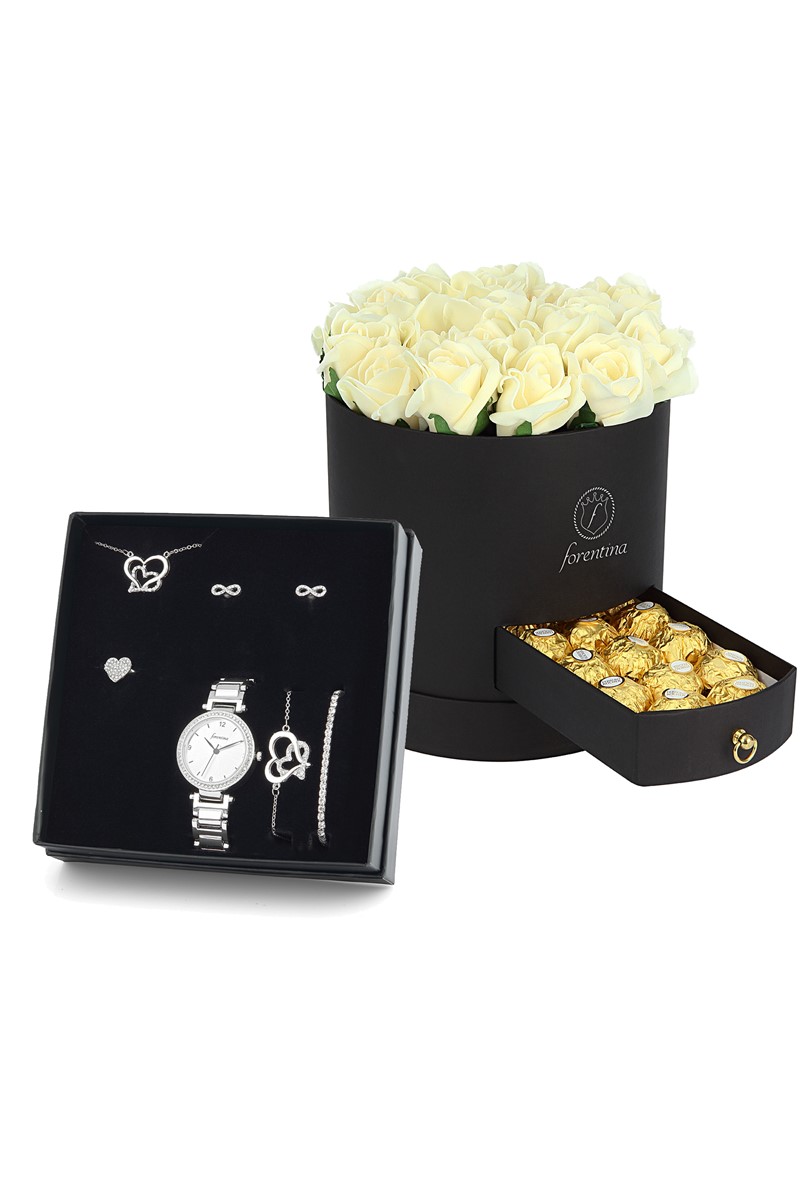Forentina Çift Kalp Kolye Küpe Bileklik Saat Güllü Kutu Çikolata Hediye Set PS1907