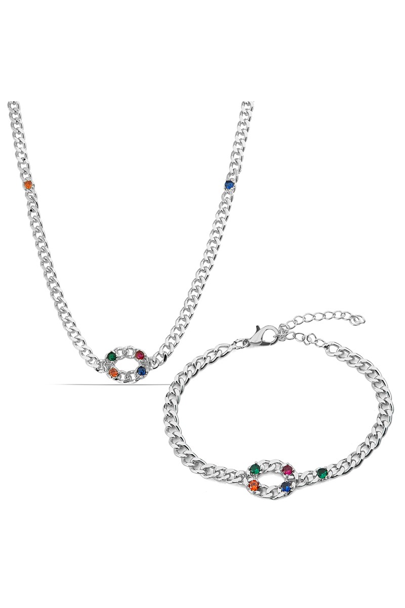Forentina Gümüş Kaplama Renkli Taşlı Kolye Bileklik Takı Seti PS1919