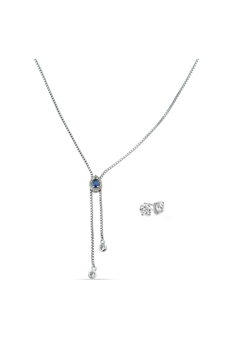 Forentina Lacivert Taşlı Tasarım Kolye Zirkon Küpe Takı Seti PS1921