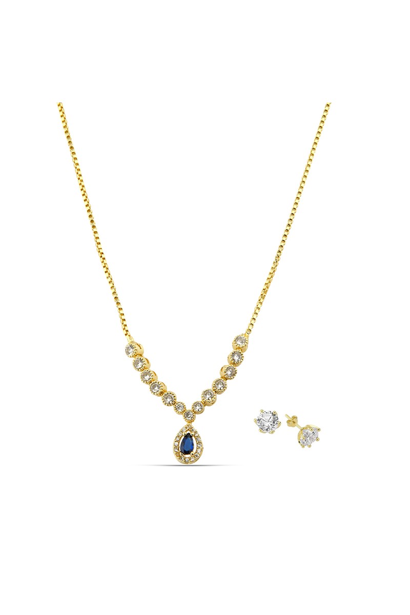 Forentina Lacivert Taşlı Kolye Küpe Takı Seti PS1922