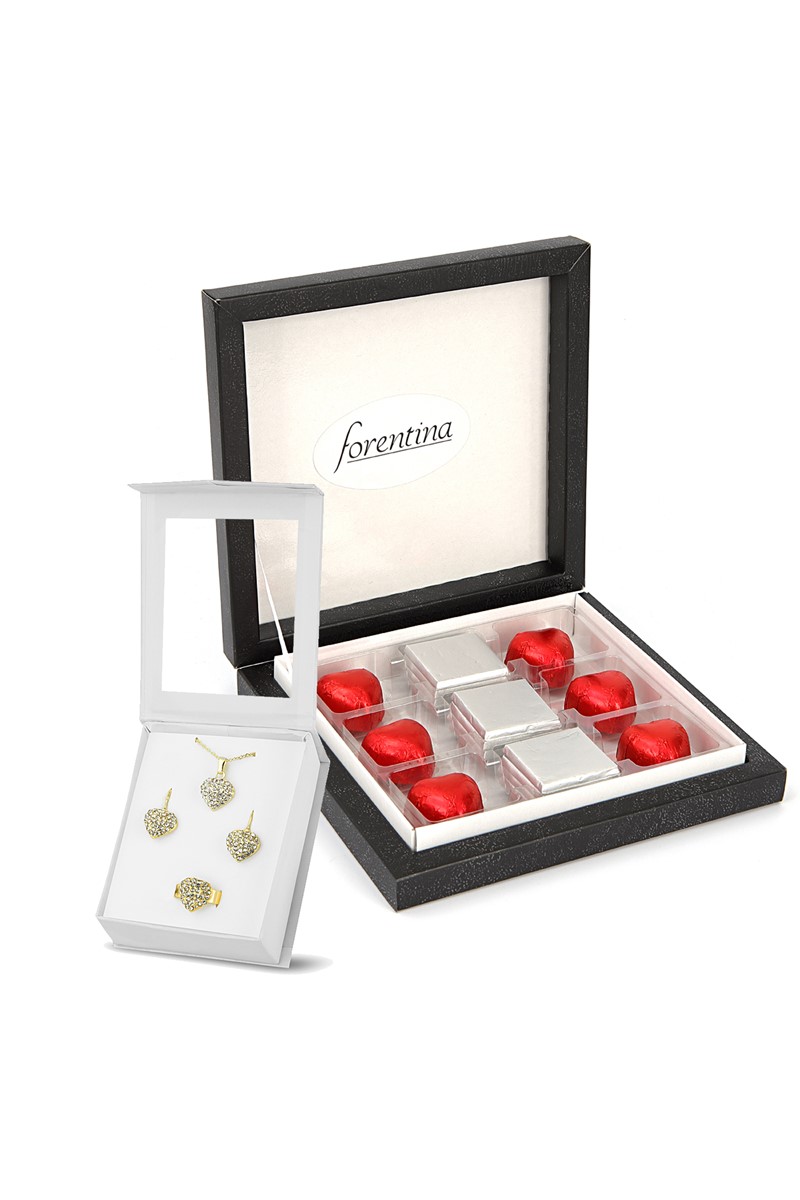 Forentina  Kalpli Kolye Küpe Yüzük Set - Çikolata Hediye Set PS1948
