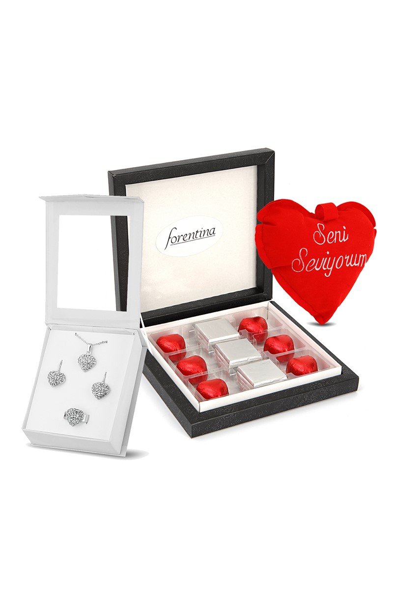 Forentina Gümüş Kaplama Kalpli Kolye Küpe Yüzük - Çikolata Hediye Set PS1949
