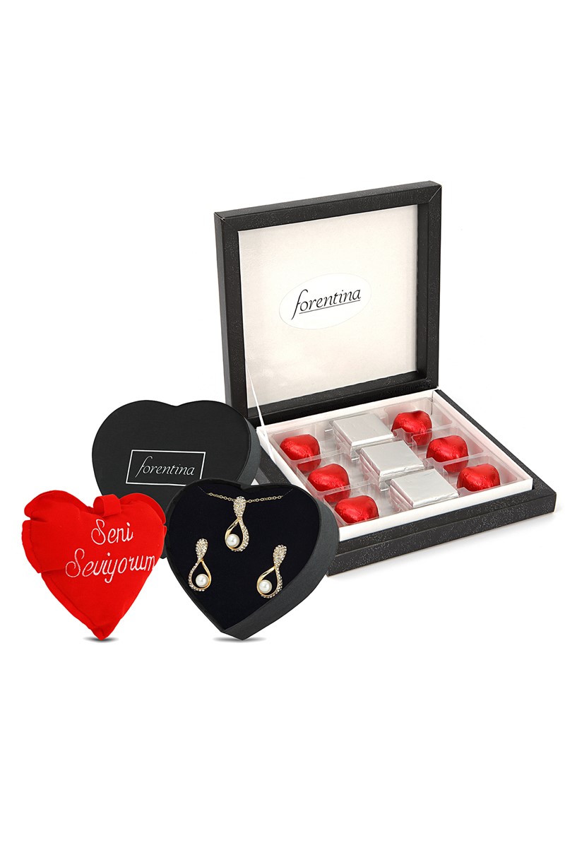 Forentina Bayan Kolye Küpe Takı Seti - Kalp Yastik Çikolata Hediye Set PS1950
