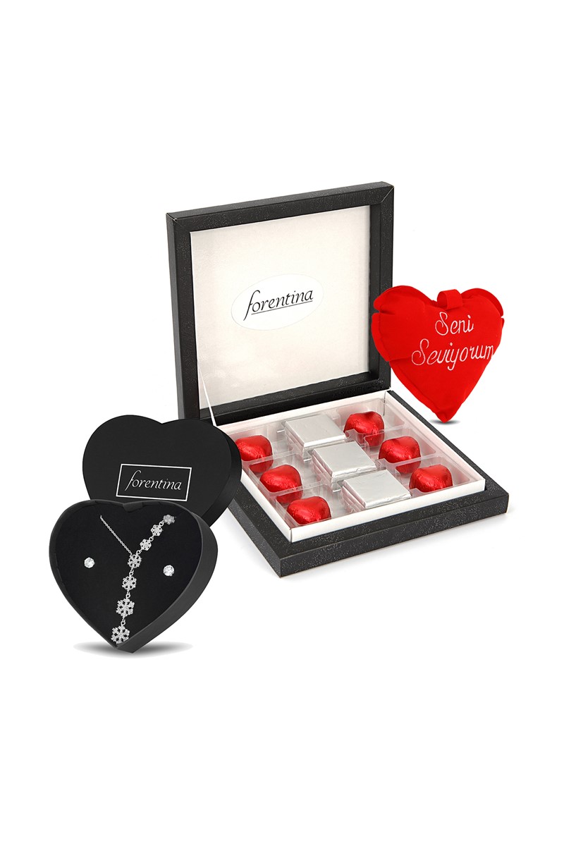Forentina Beyaz Kar Tanesi Kolye Küpe Set- Kalpli Yastık Çikolata Hediye Set PS1951