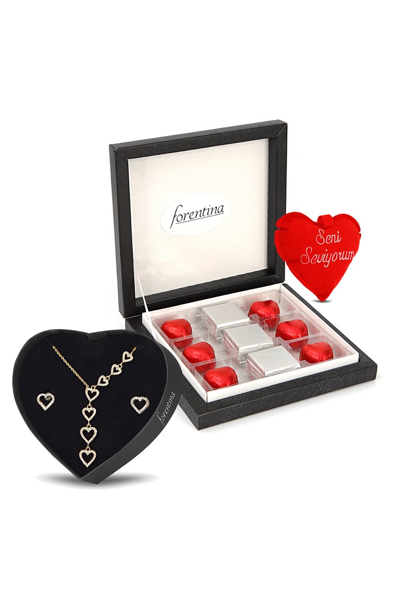 Forentina Kalpli Kolye Küpe Set - Kalpli Yastık Çikolata Hediye Set PS1952