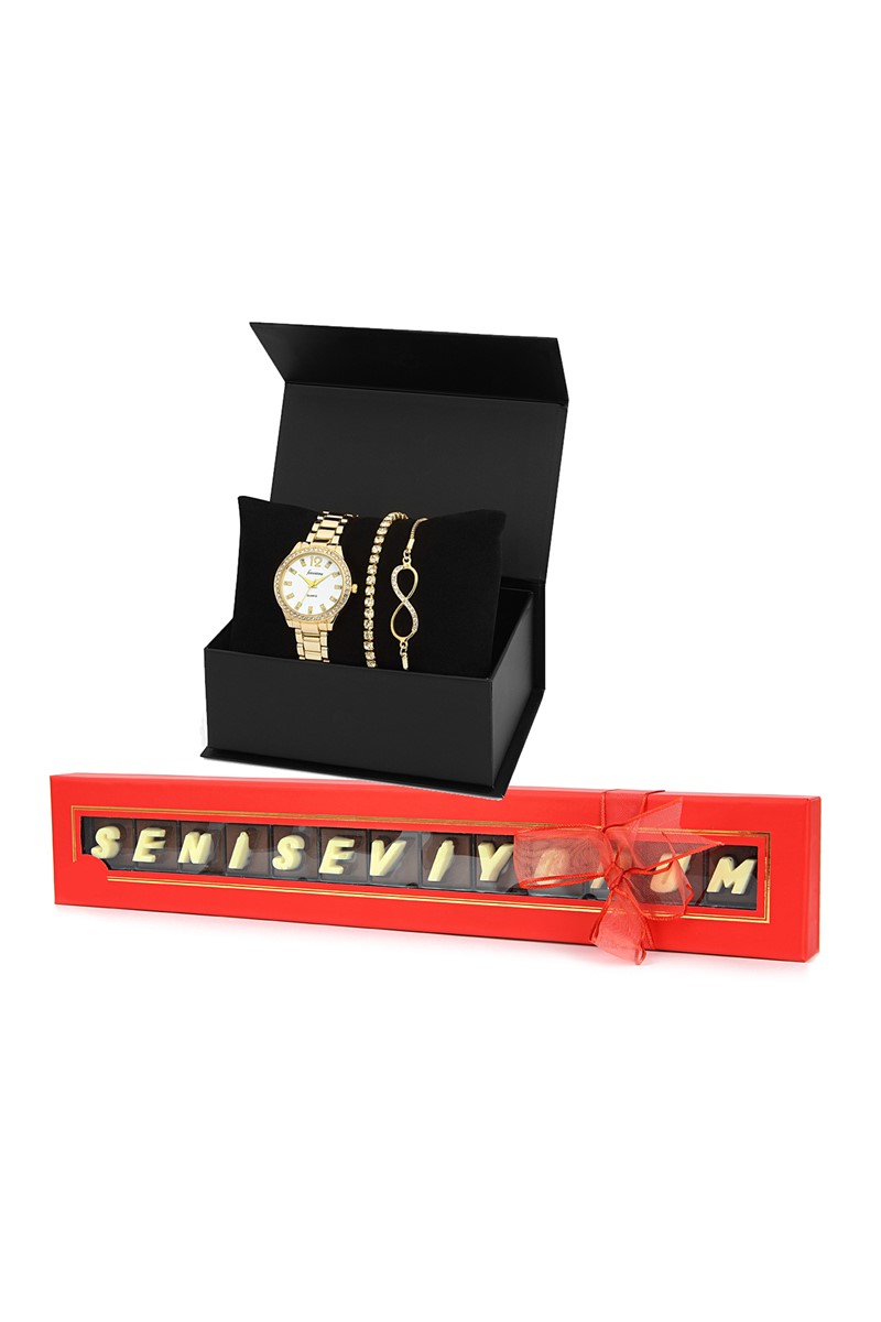 Forentina  Bayan Kol Saati - Seni Seviyorum Yazılı Çikolata Kalpli Hediye Set PS1953