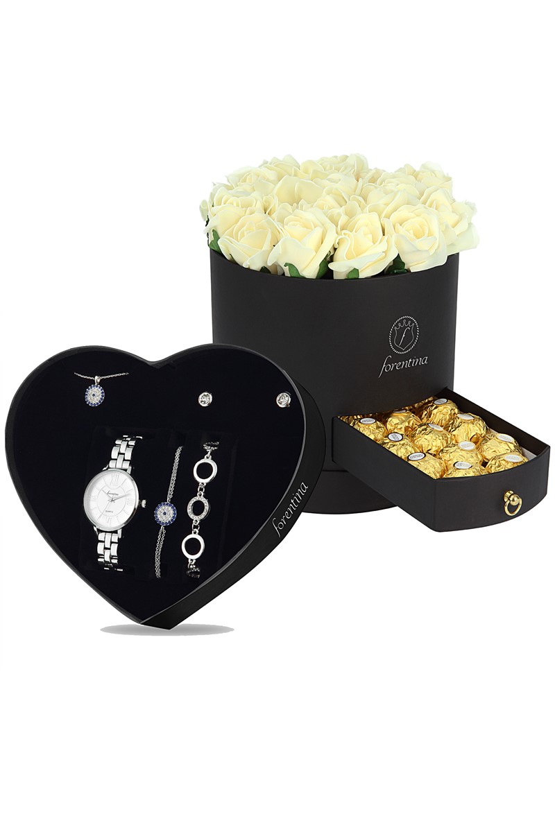 Forentina Nazar Boncuklu Kolye Bileklik Küpe Saat Güllü Kutu Çikolata Hediye PS1971