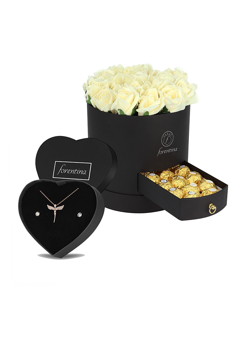 Forentina Rose Melek Kolye Küpe Set Güllü Kutu Çikolata Hediye PS1972