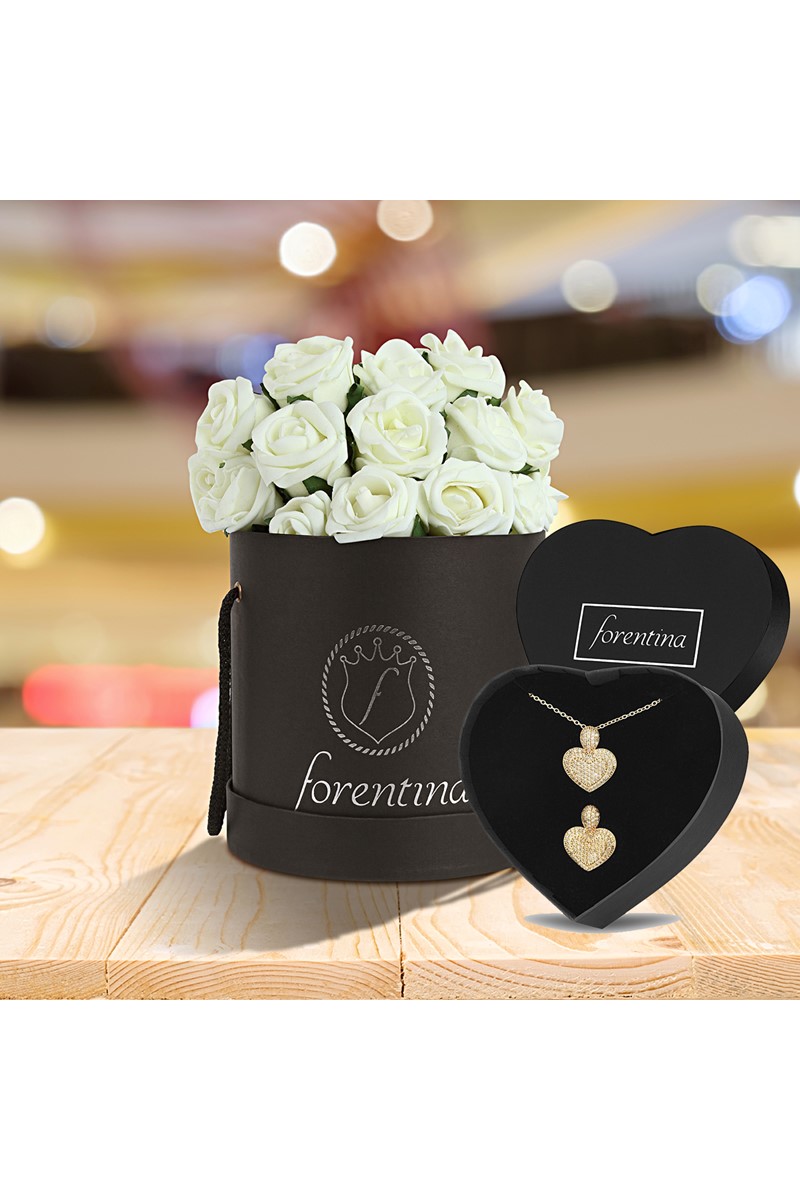 Forentina Altın Kaplama Kalp Kolye Yüzük Set Özel Çiçekli Kutuda PS1974