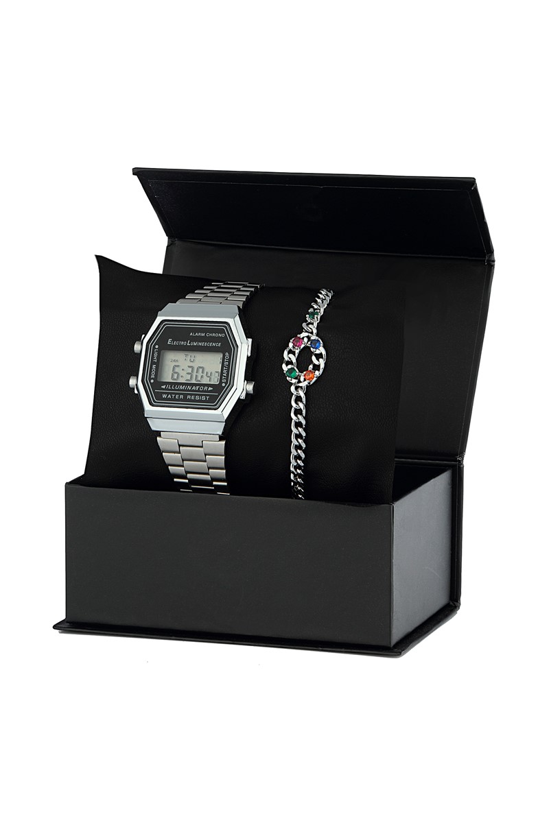 Forentina Bayan Gri Retro Kol Saati Bileklik Kombin Set PS1979