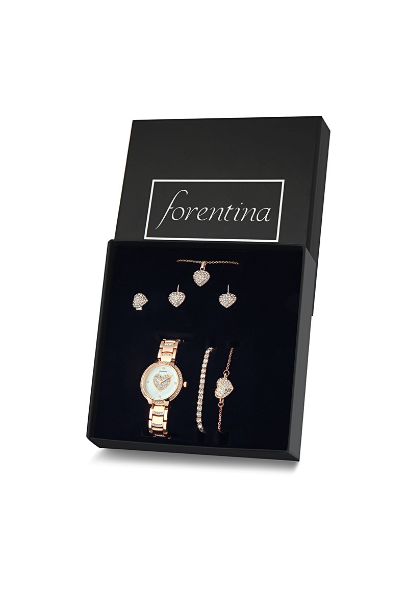 Forentina Rose Kalpli Kolye Küpe Bileklik Yüzük Saat Hediye Set PS1989