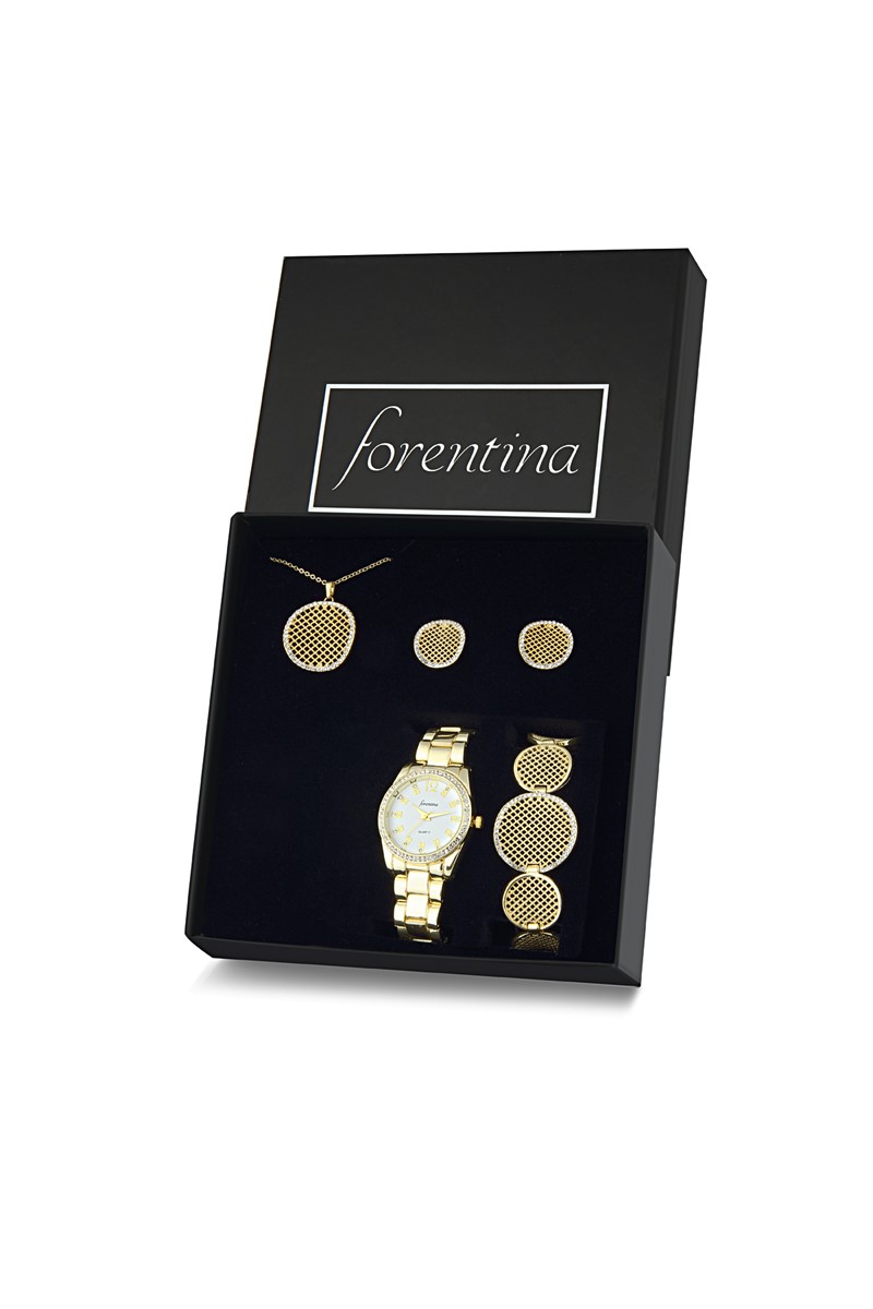 Forentina Altın Kaplama Kolye Küpe Bileklik Saat Hediye Set PS1991