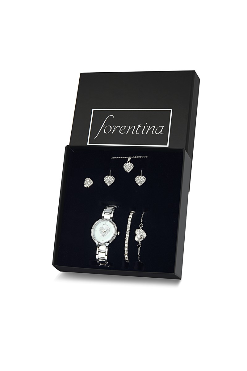 Forentina Gümüş Kaplama Kalp Kolye Küpe Bileklik Yüzük Saat Hediye Set PS1992