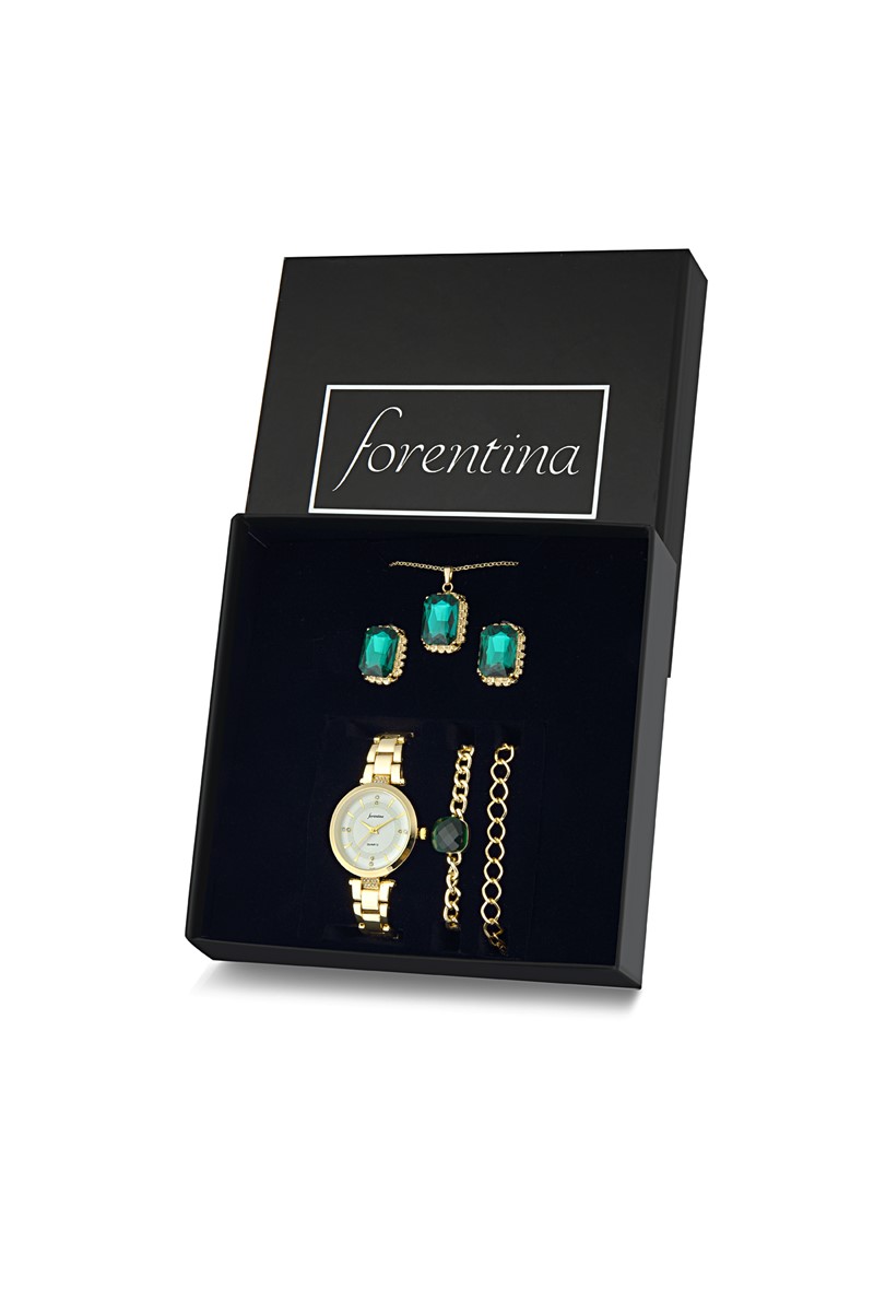 Forentina Yeşil Taşlı Kolye Küpe Bileklik Saat Hediye Set PS1994