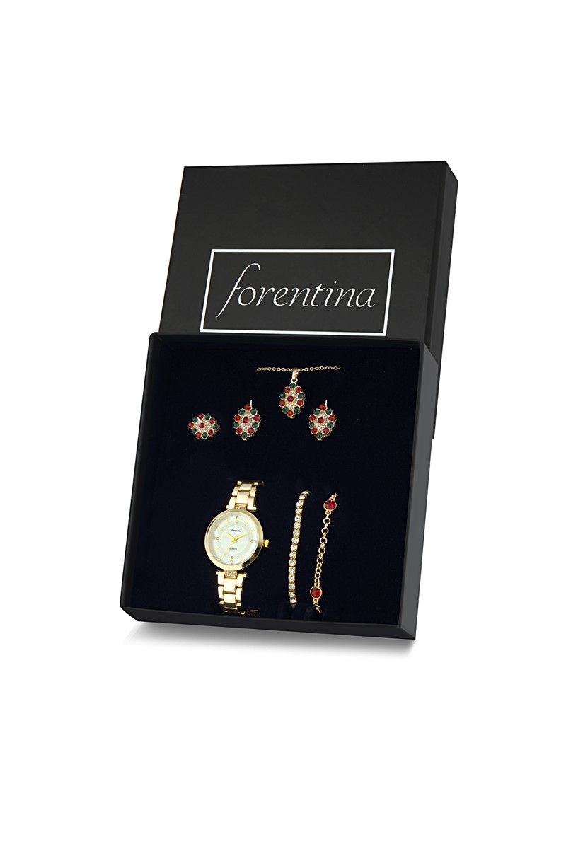 Forentina Renkli Taşlı Kolye Küpe Bileklik Yüzük Saat Hediye Set PS1996