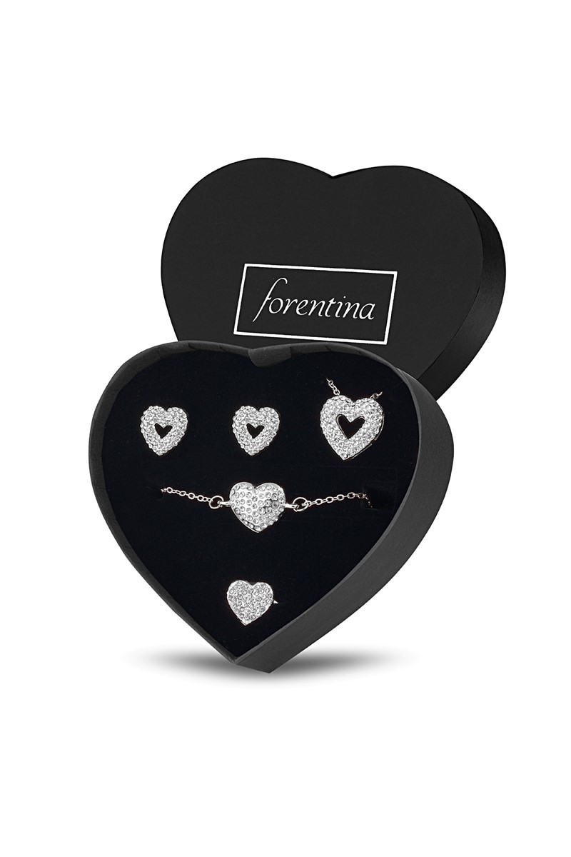 Forentina Gümüş Kaplama Kalp Kolye Küpe Bilekli Yüzük Takı Seti PS2004
