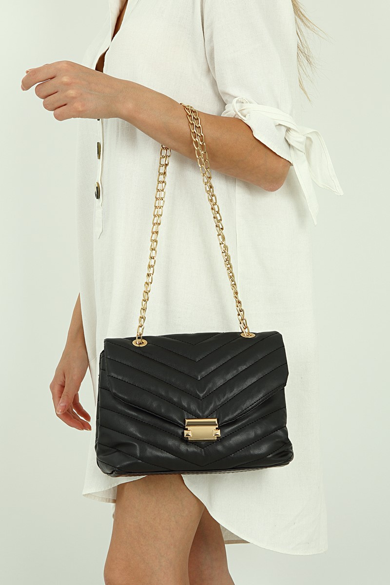 Forentina Siyah Çizgili Model Askılı Omuz Çantası PS2059