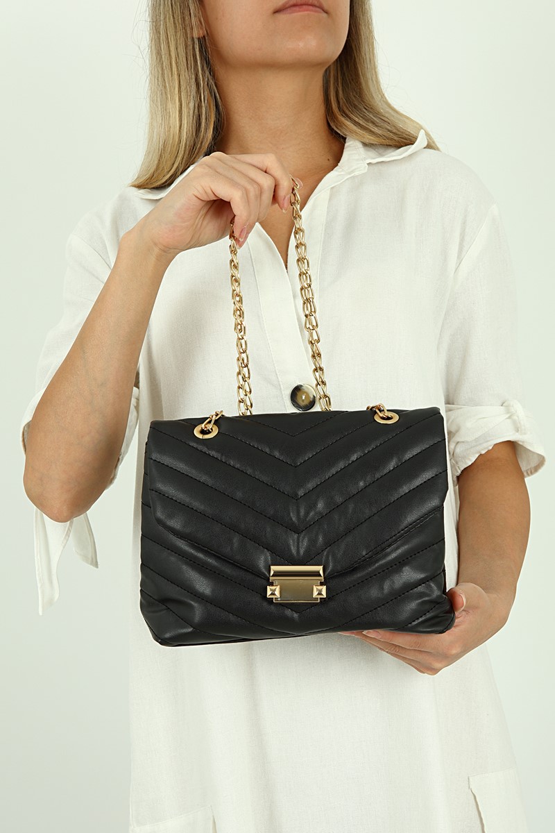 Forentina Siyah Çizgili Model Askılı Omuz Çantası PS2059