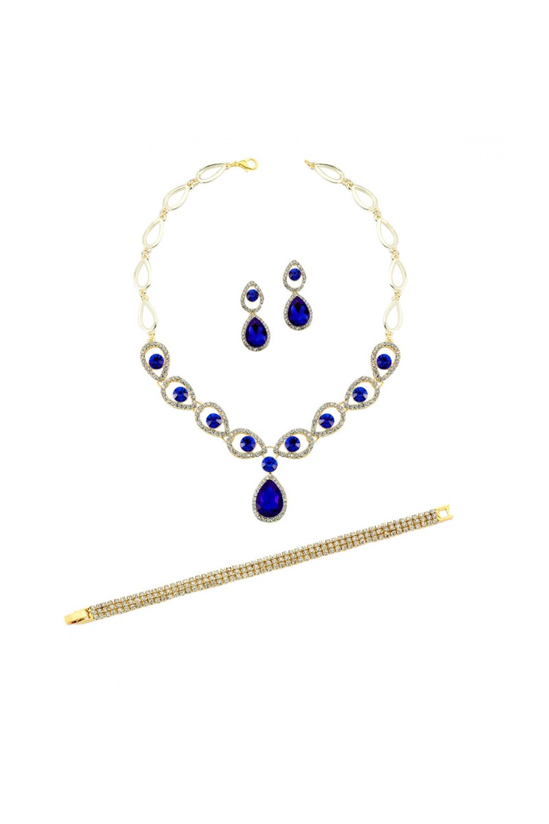 Forentina Altın Kaplama Lacivert Taşlı Kolye Küpe Bileklik Takı Seti PS2102