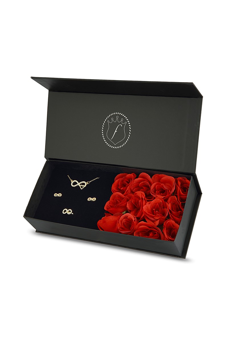 Forentina Sonsuzluk Kolye küpe Yüzük Takı Seti - Güllü Kutuda PS2106