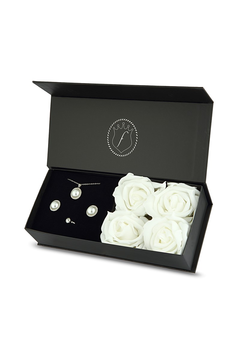 Forentina İnci Modeli Kolye Küpe Yüzük Takı Seti - Güllü Kutuda PS2107