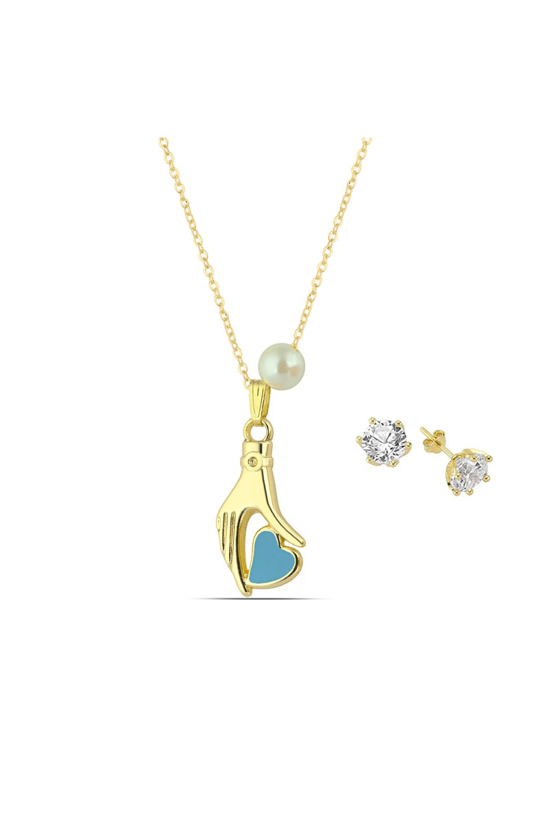 Forentina Kadın Kalpli Kolye Tektaş Küpe Takı Seti PS2116