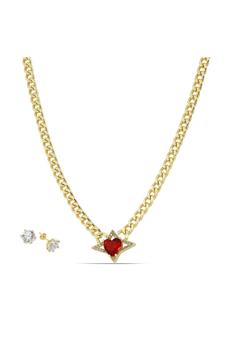 Forentina Kadın Kırmızı Taşlı Kolye Tektaş Küpe Takı Seti PS2148