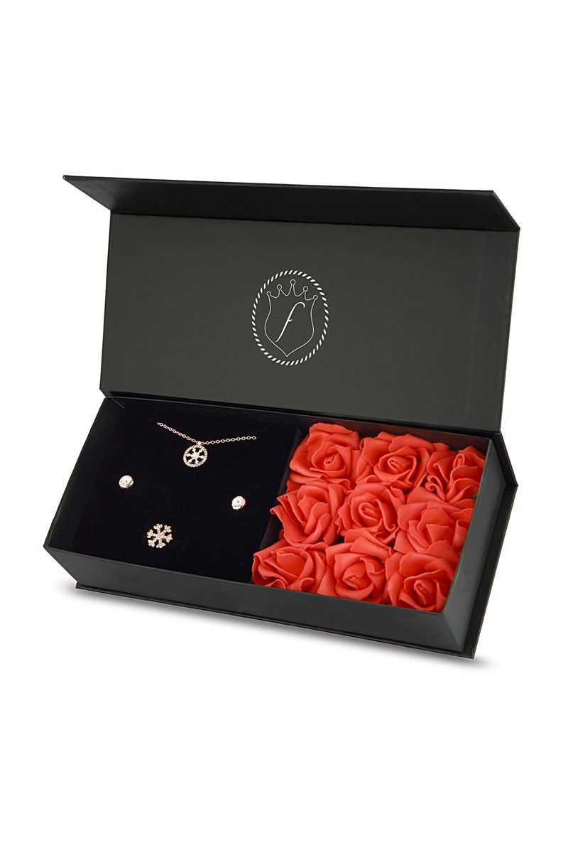 Forentina Rose Kar Tanesi Kolye Küpe Yüzük - Güllü Kutuda Set PS2152