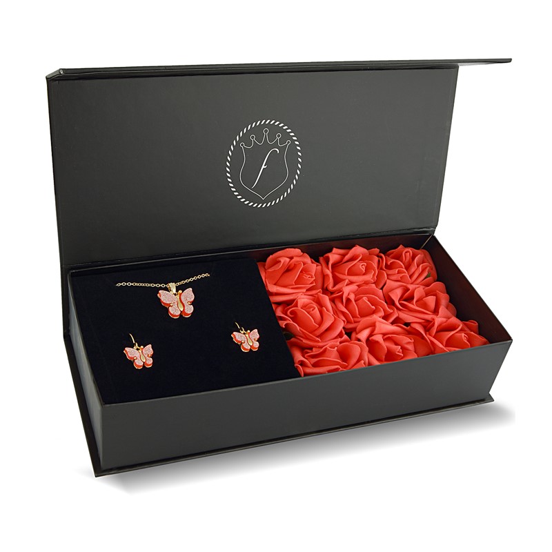 Forentina Pembe Kelebek Kolye Küpe Takı Seti - Güllü Kutuda PS2156