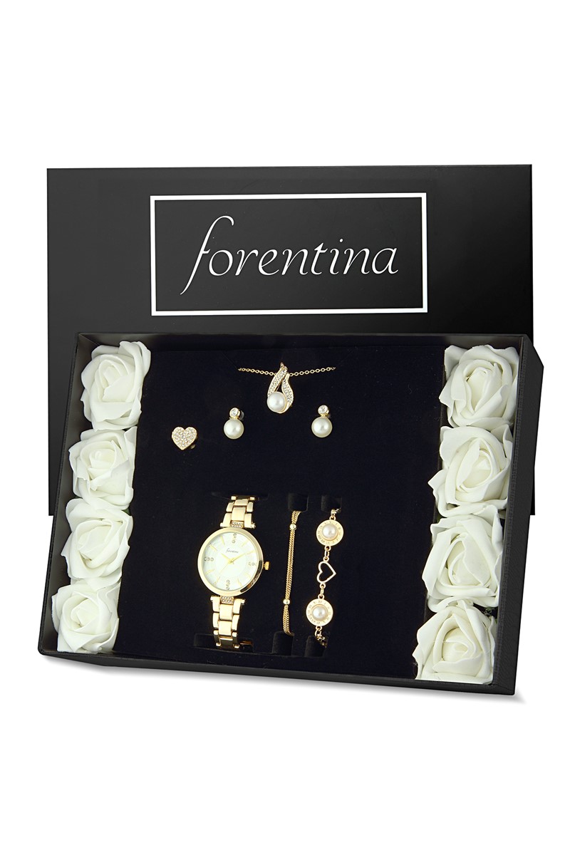 Forentina Kadın İnci Modeli Kolye Küpe Bileklik Yüzük - Saat Hediye Seti PS2161