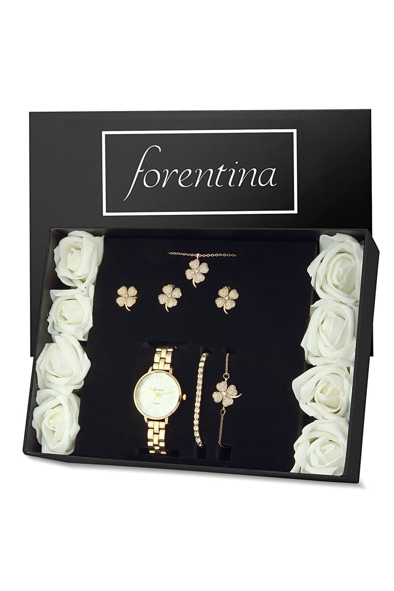 Forentina Yonca Kolye Küpe Bileklik Yüzük Saat Hediye Set PS2163
