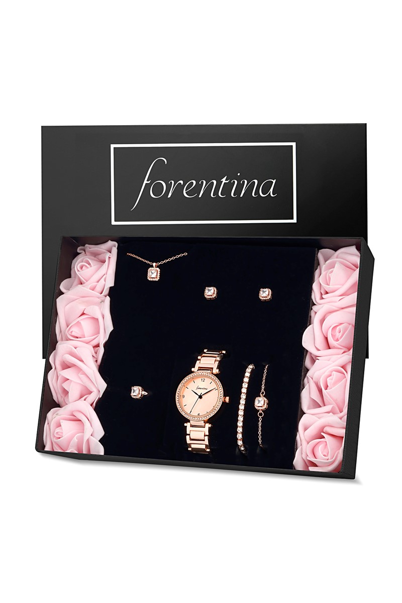 Forentina Rose Tektaş Kolye Küpe Bileklik Yüzük Saat Hediye Set PS2166