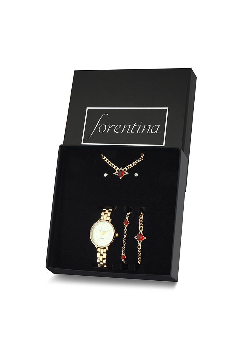 Forentina Kırmızı Zirkon Taşlı Kalp Kolye Küpe Bileklik Saat Hediye Set PS2168