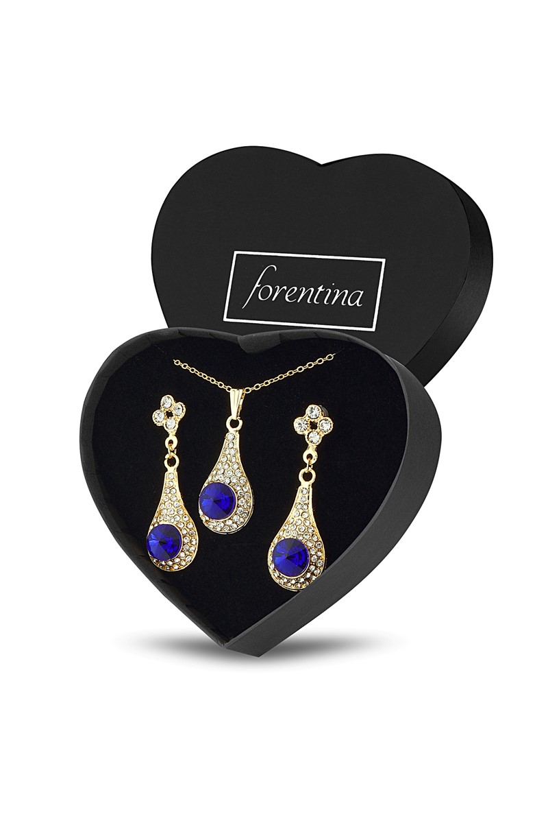 Forentina Lacivert Taşlı Kolye Küpe Takı Seti Kalpli Kutuda PS2170