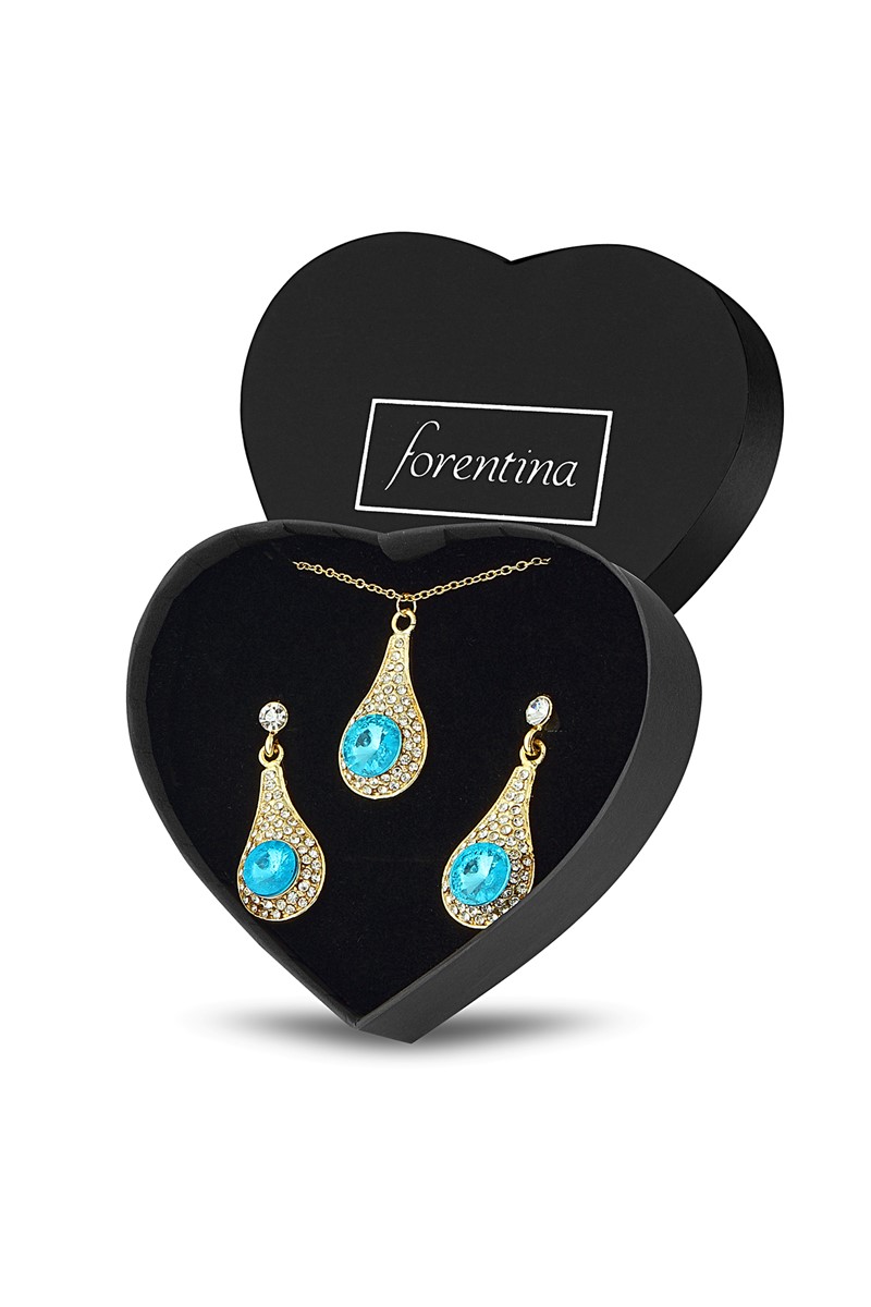 Forentina Turkuaz Kolye Küpe Takı Seti - Kalpli Kutuda PS2171