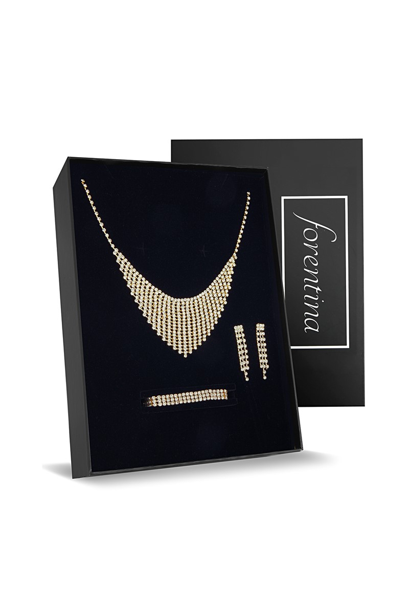 Forentina Altın Kaplama Kolye Küpe Bileklik Düğün Takı Seti PS2177