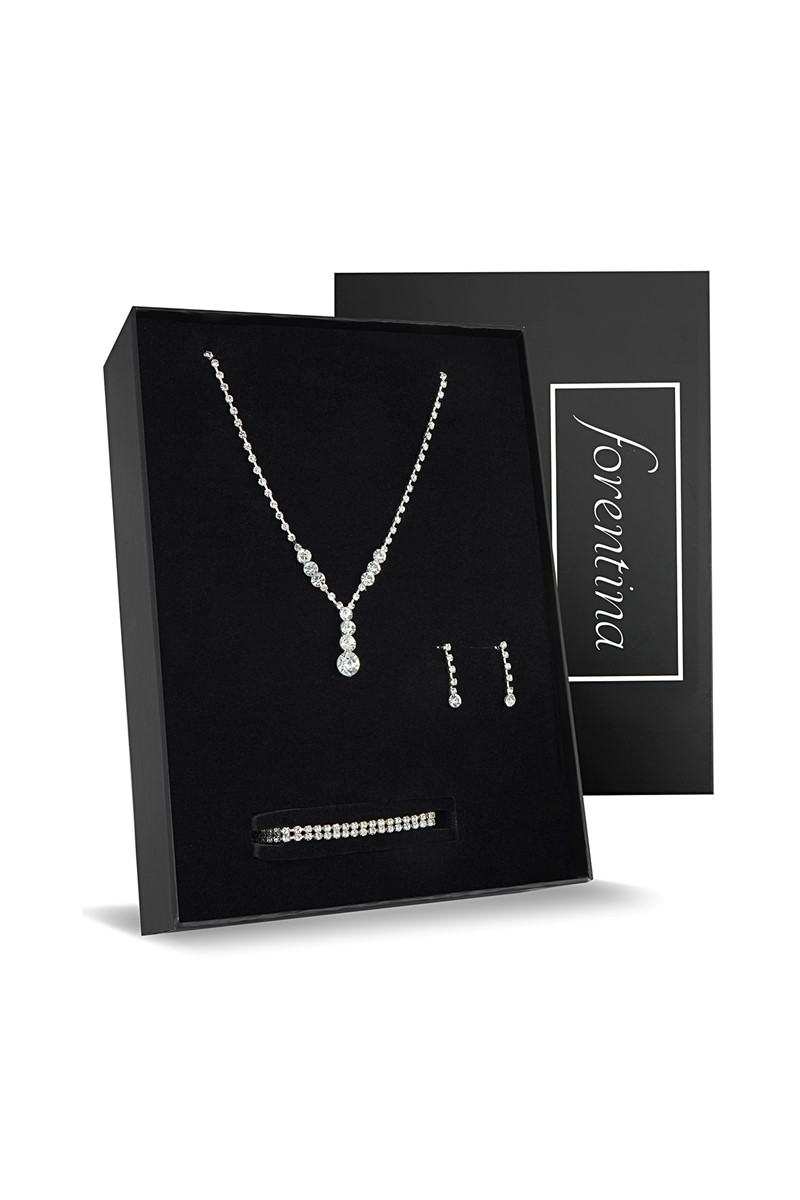 Forentina Gümüş Kaplama Tria Kolye Küpe Bileklik Düğün Seti PS2180