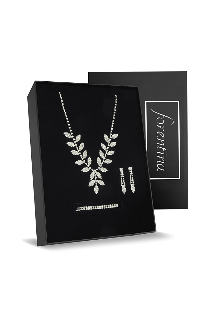 Forentina Gümüş Kaplama Yaprak Modeli Kolye Küpe Bileklik Düğün Seti PS2183