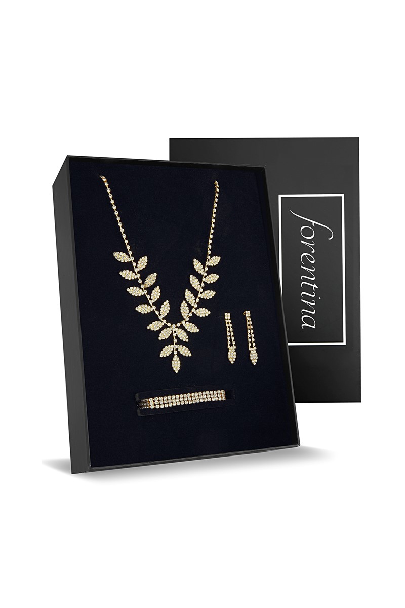Forentina Altın Kaplama Yaprak Modeli Kolye Küpe Bileklik Düğün Seti PS2184