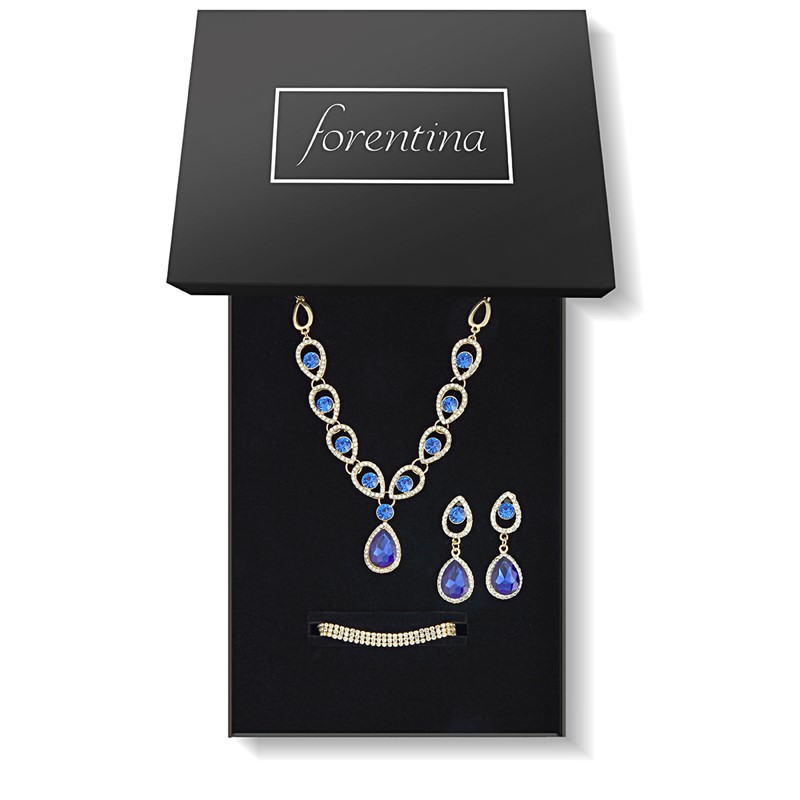Forentina Lacivert Taşlı kolye Küpe Bileklik Düğün Seti PS2185