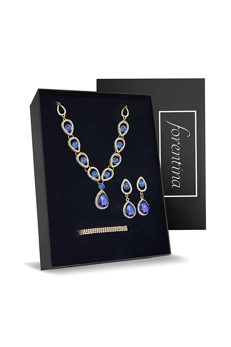 Forentina Lacivert Taşlı kolye Küpe Bileklik Düğün Seti PS2185