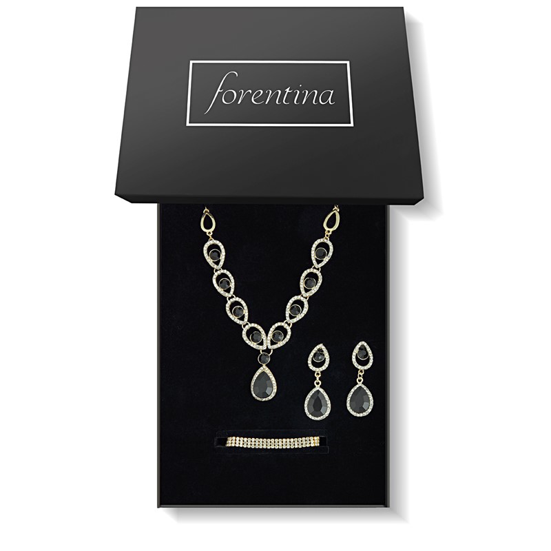 Forentina Siyah Taşlı Kolye Küpe Bileklik Düğün Seti PS2186