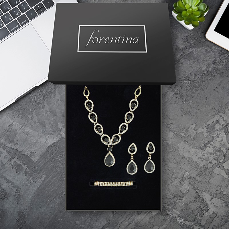 Forentina Siyah Taşlı Kolye Küpe Bileklik Düğün Seti PS2186