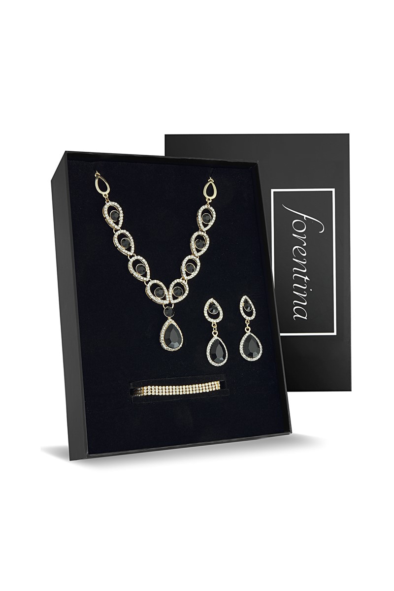 Forentina Siyah Taşlı Kolye Küpe Bileklik Düğün Seti PS2186