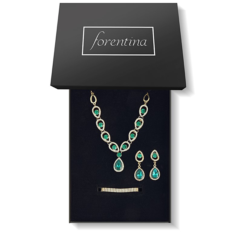 Forentina Yeşil Taşlı Su Yolu Kolye Küpe Bileklik Düğün Seti PS2187